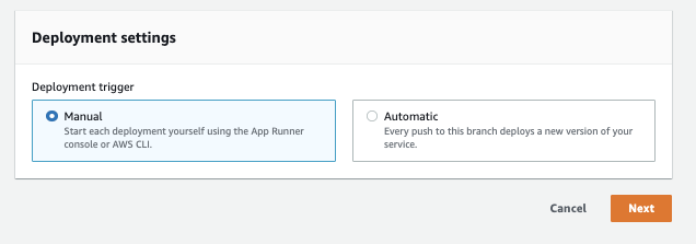 The Manual and Automatic options for deploying AWS App Runner applications