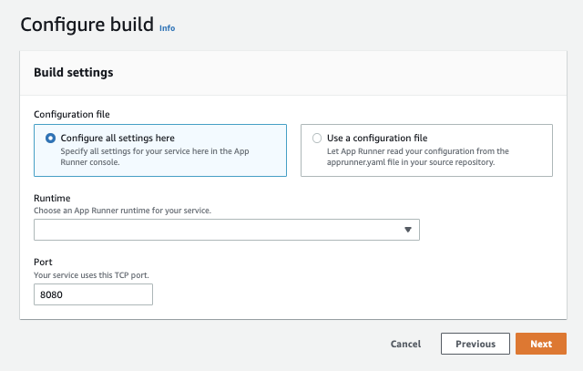 Showing the Configure Build page for the AWS App Runner