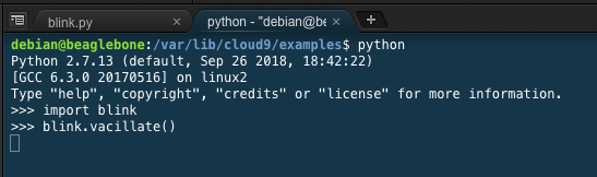 A screenshot showing how to to open the Python interpreter and then how to import the blink.py file and call the vacillate() function
