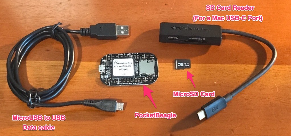 A photo of the four different materials we need for the PocketBeagle project