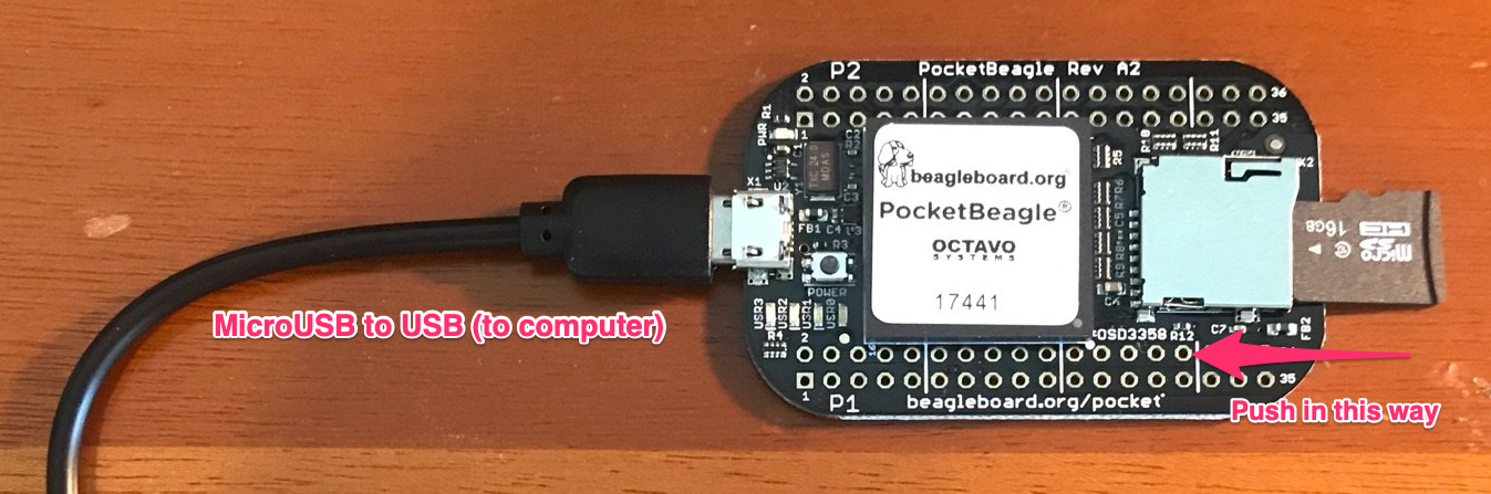 A photo showing how to insert the MicroSD card to the PocketBeagle