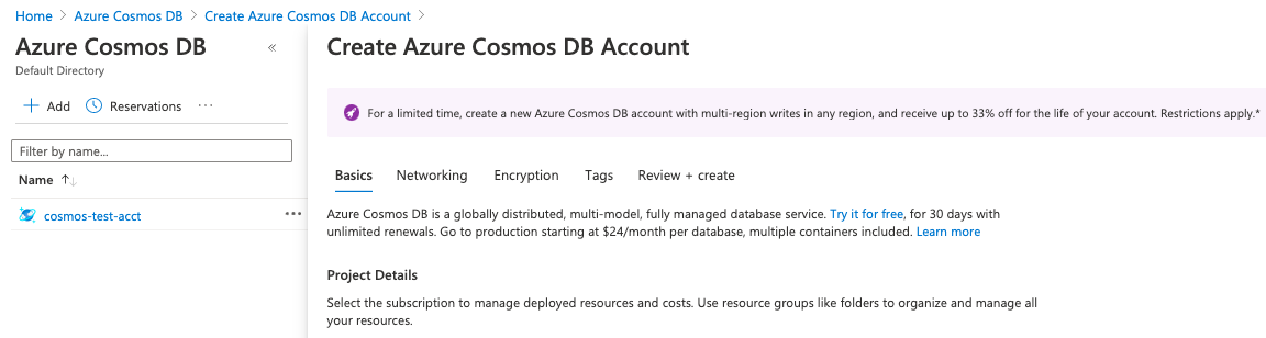 Cosmos DB Account page