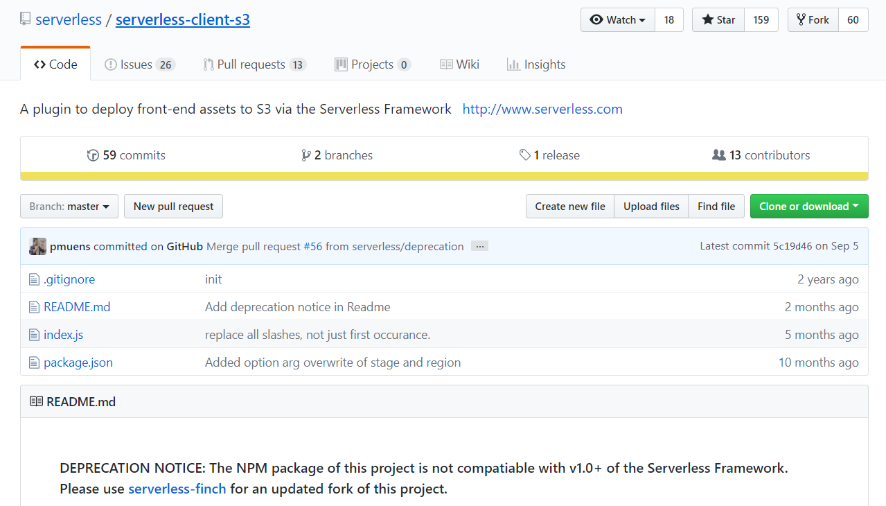 Old package repo with a message saying to use serverless-finch