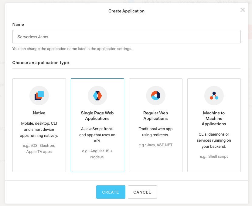 Screenshot of the Create Application process