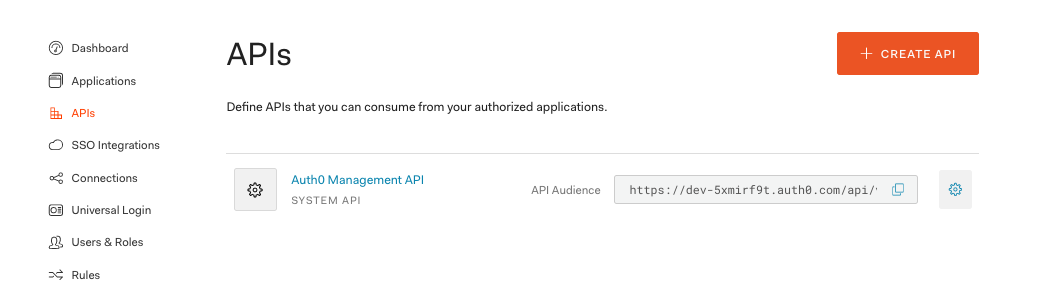 The Auth0 API section of the dashboard