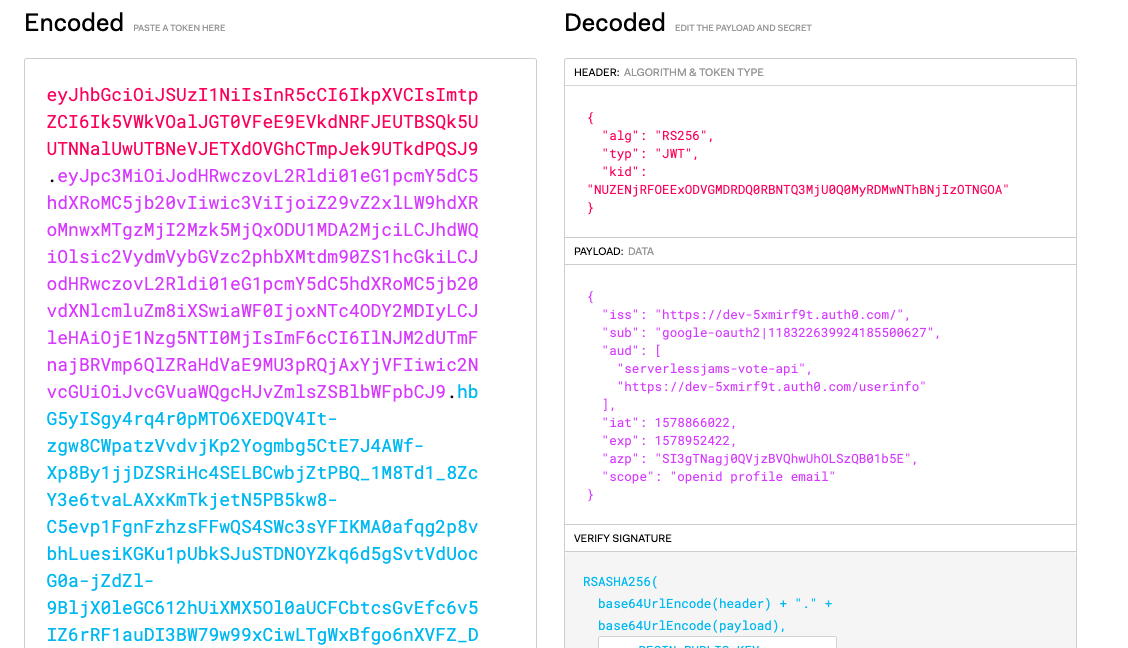Screenshot of using jwt.io to debug a JSON Web Token
